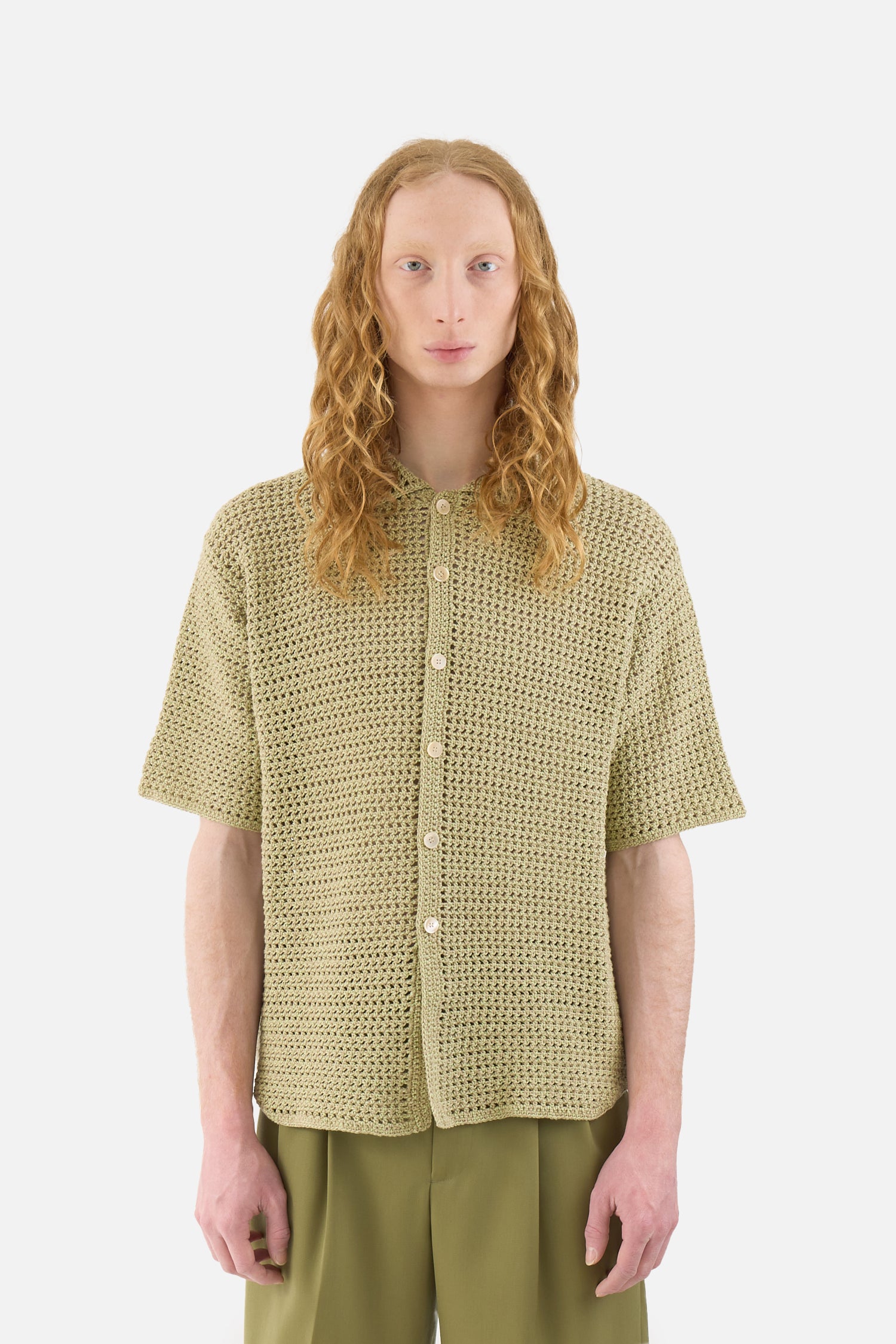 【t.s】AURALEE HAND CROCHET KNIT SHIRTS Auralee Hand Crochet Knit Half Sleeved Shirt Khaki Beige