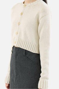 Cotton Lily-Yarn Knit Crew Neck Short Cardigan