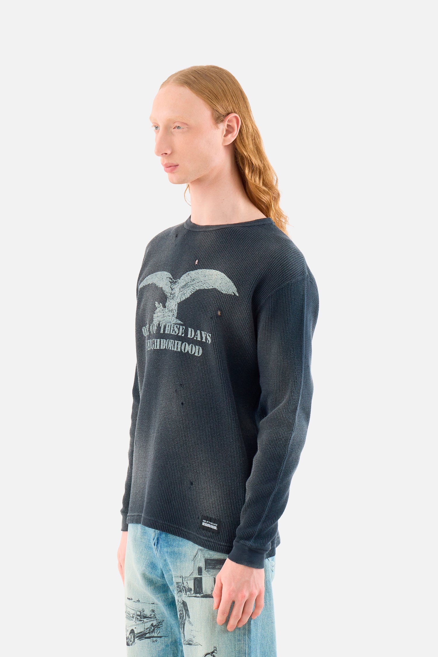 x One Of These Days Waffle Fabric Crewneck LS